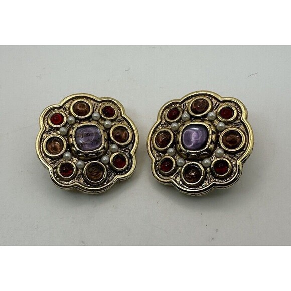 Carolee Vtg Gold Toned Clip-on Earrings Cabochon color Beads Faux Pearls Signed - Picture 1 of 6